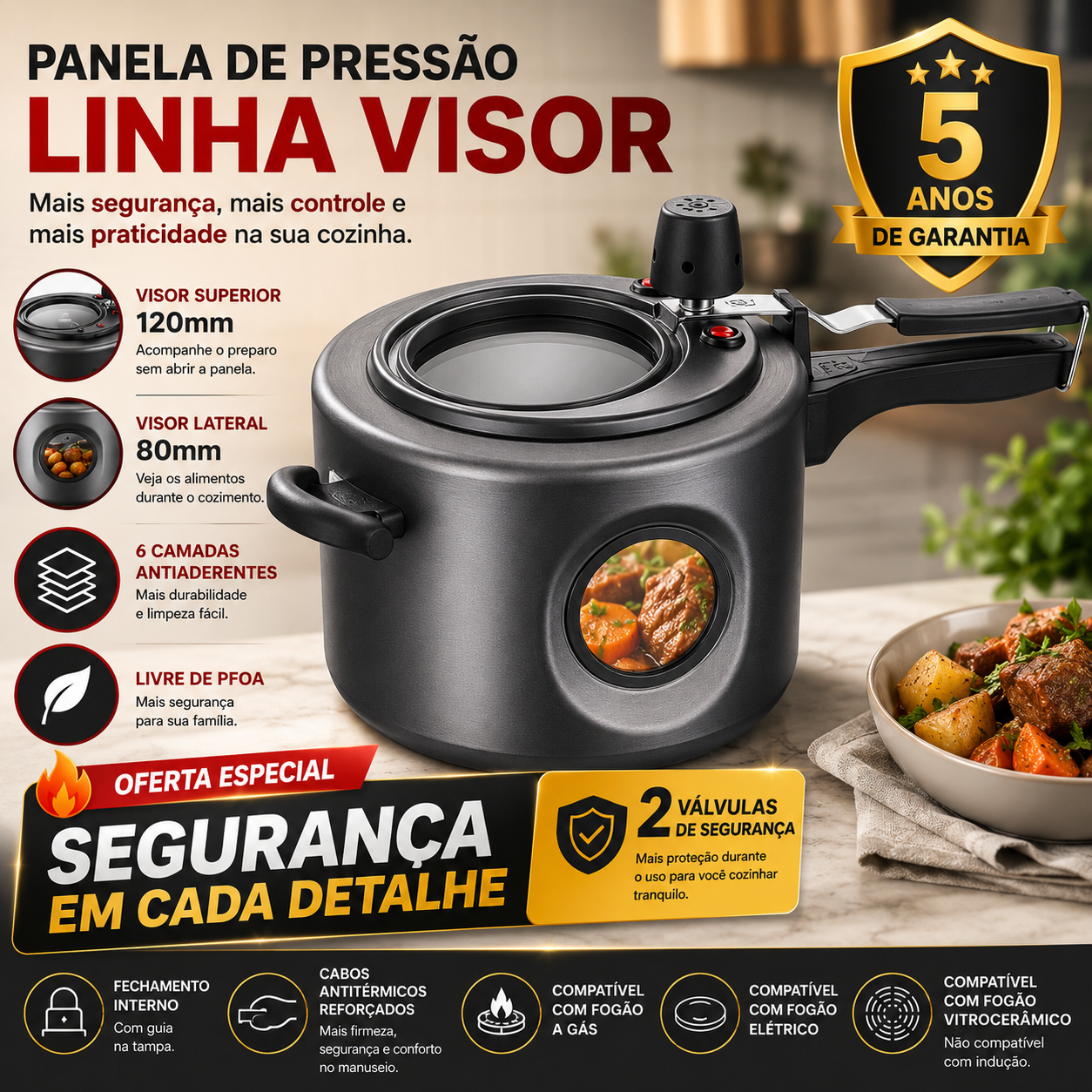 Panela de Pressão Inox Antiaderente 4,5L com Visor Duplo e Fechamento Interno ⭐
