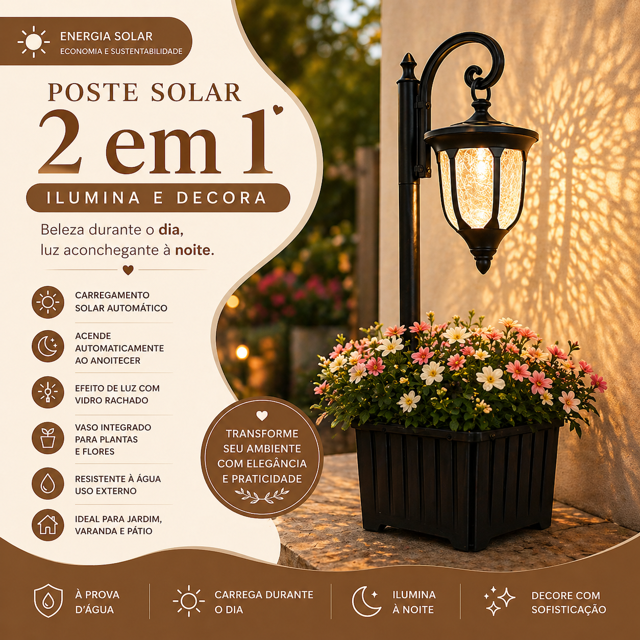 LumiGarden™ Poste Solar 2 em 1 com Vaso Decorativo | COMPRE 1 E LEVE 2