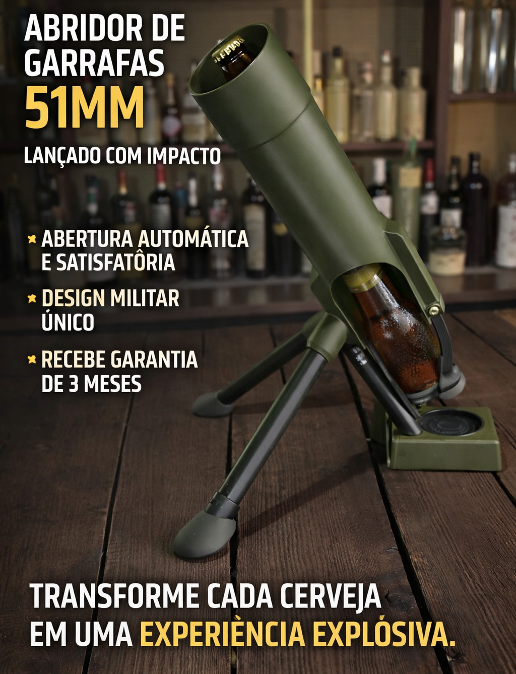 BeerShot™ – Abridor 51mm com Ejeção de Tampa e Design Militar