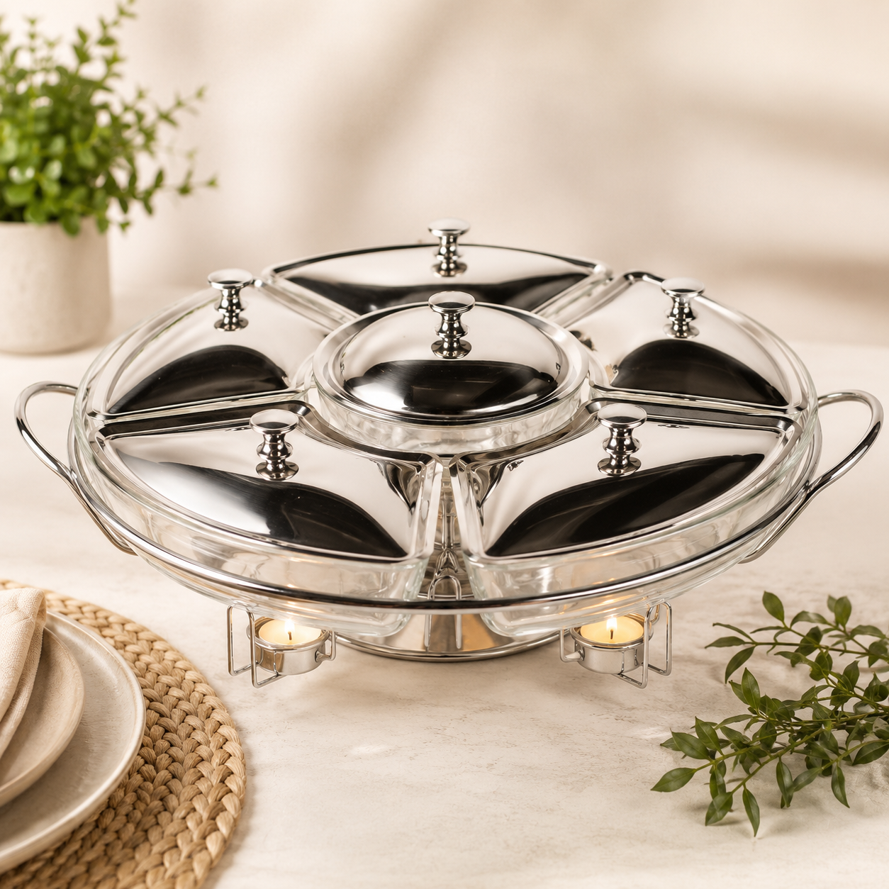 Rechaud Giratório 6 Compartimentos Inox e Vidro 52cm