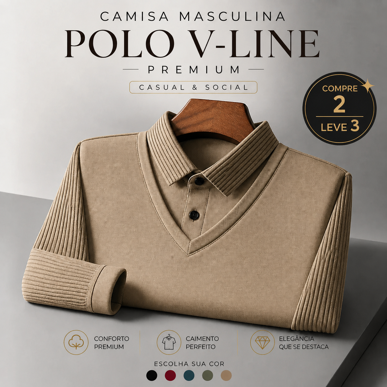 Camisa Masculina Polo V-Line Premium Casual e Social (COMPRE 2 LEVE 3)