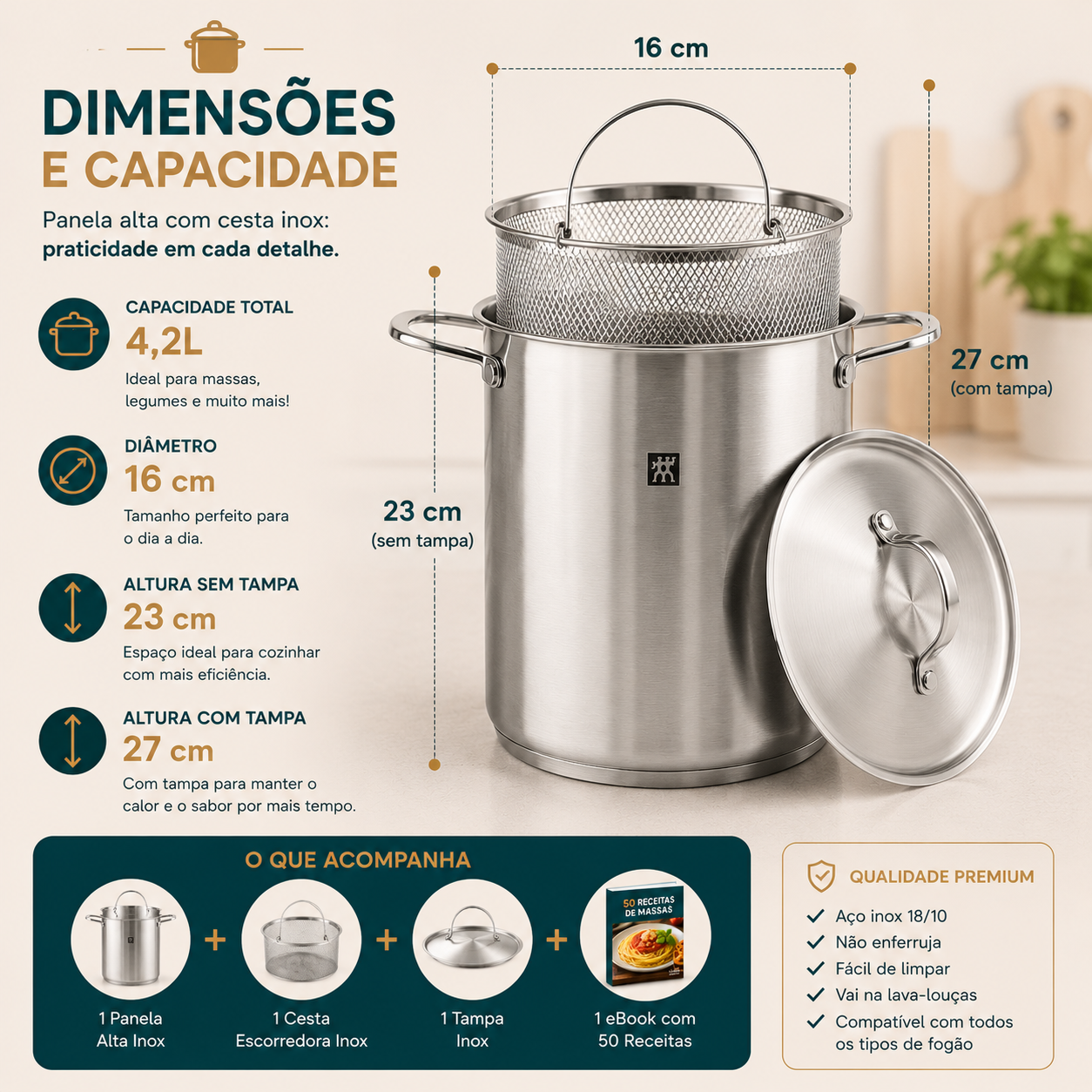 Panela Alta Inox com Cesta 4,5L — Cozinhe e Escorra com Mais Praticidade