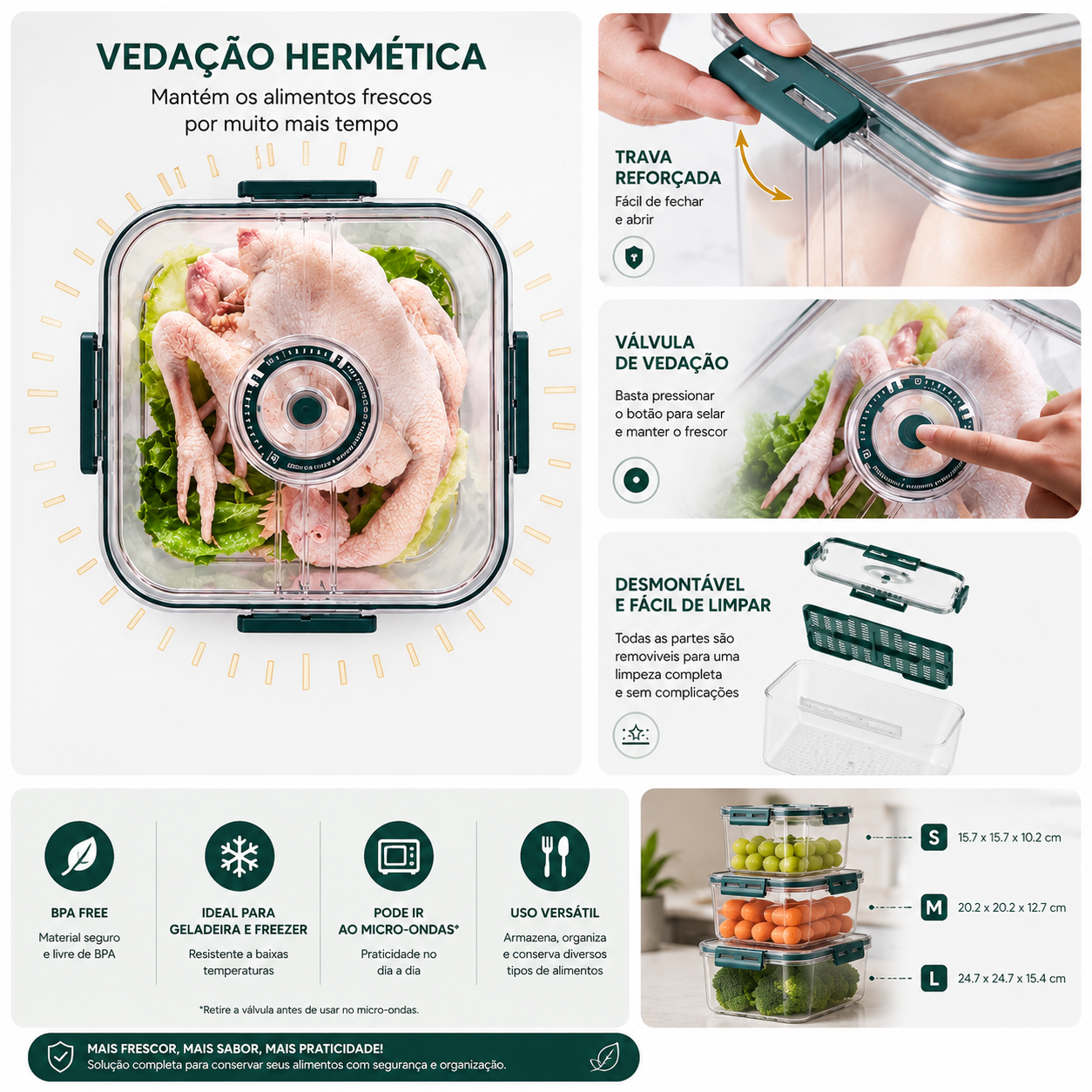 Kit 9 Potes Herméticos de Vidro — Geladeira Organizada e Alimentos Frescos por Mais Tempo