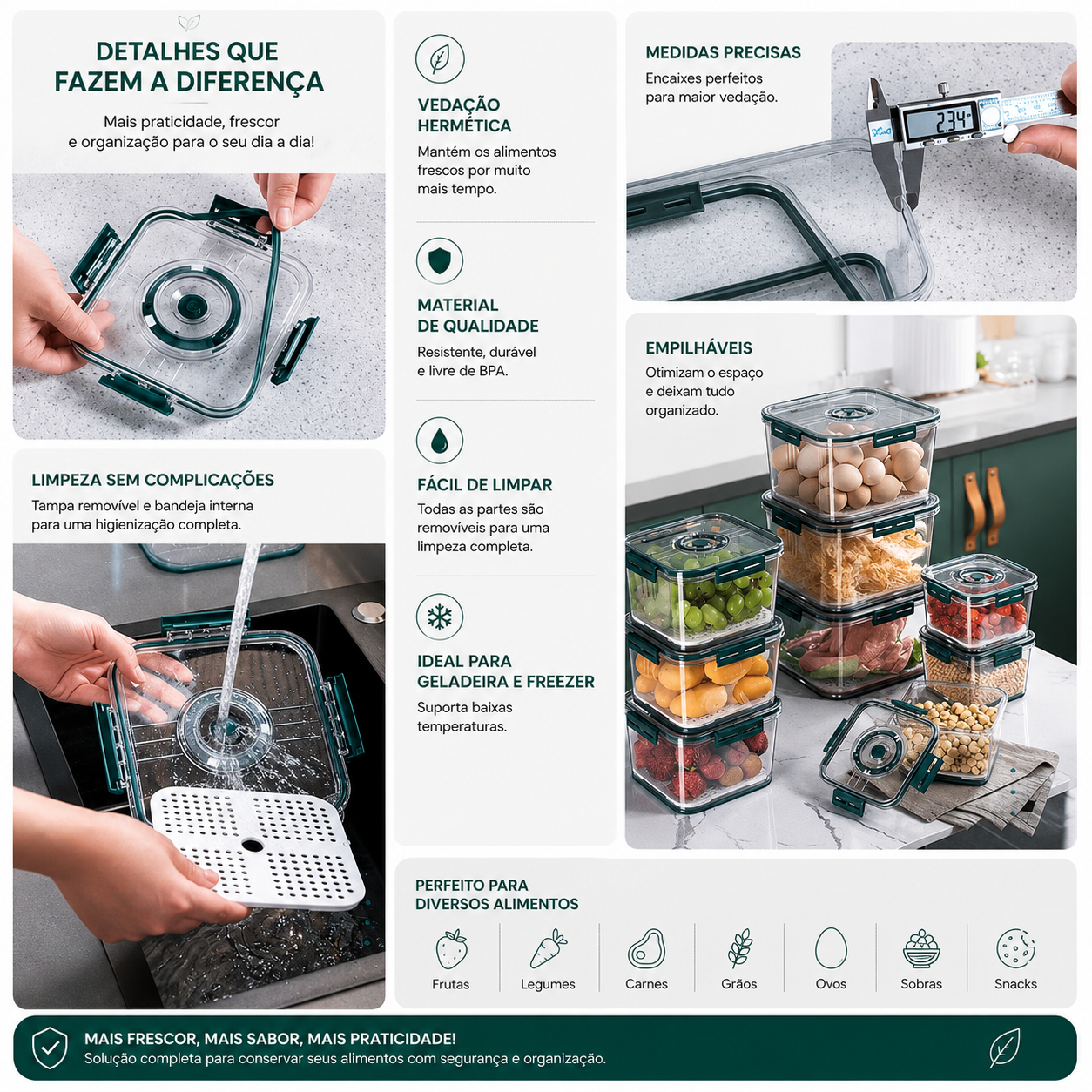 Kit 9 Potes Herméticos de Vidro — Geladeira Organizada e Alimentos Frescos por Mais Tempo