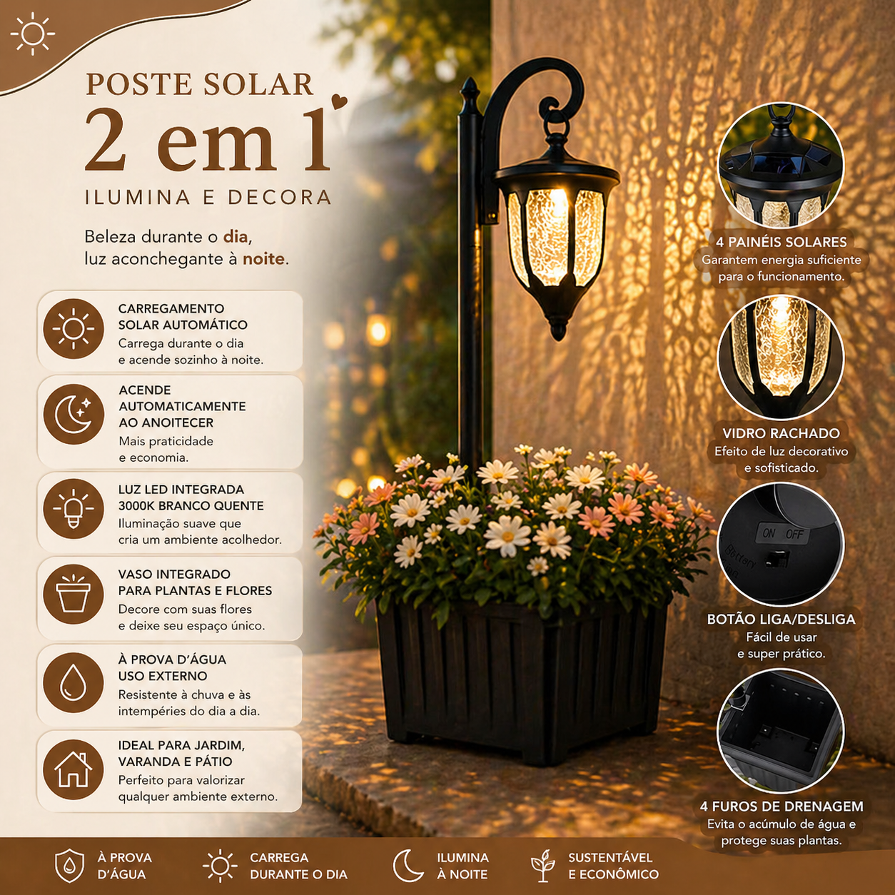 LumiGarden™ Poste Solar 2 em 1 com Vaso Decorativo | COMPRE 1 E LEVE 2