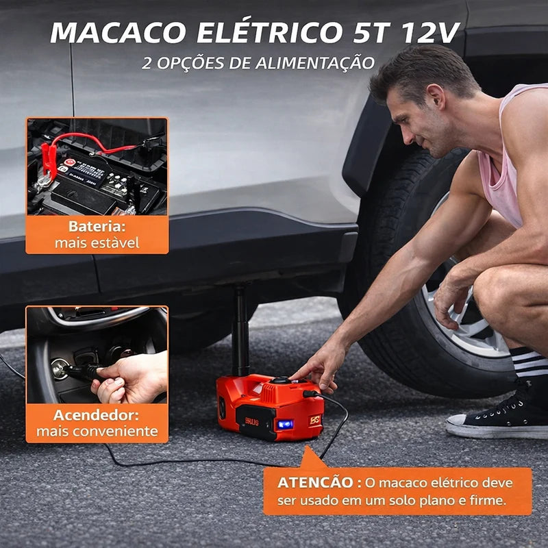 Macaco Hidráulico Elétrico 3 em 1 5Ton 12V com Inflador de Pneus, Lanterna LED e Martelo de Segurança 🚗⚡