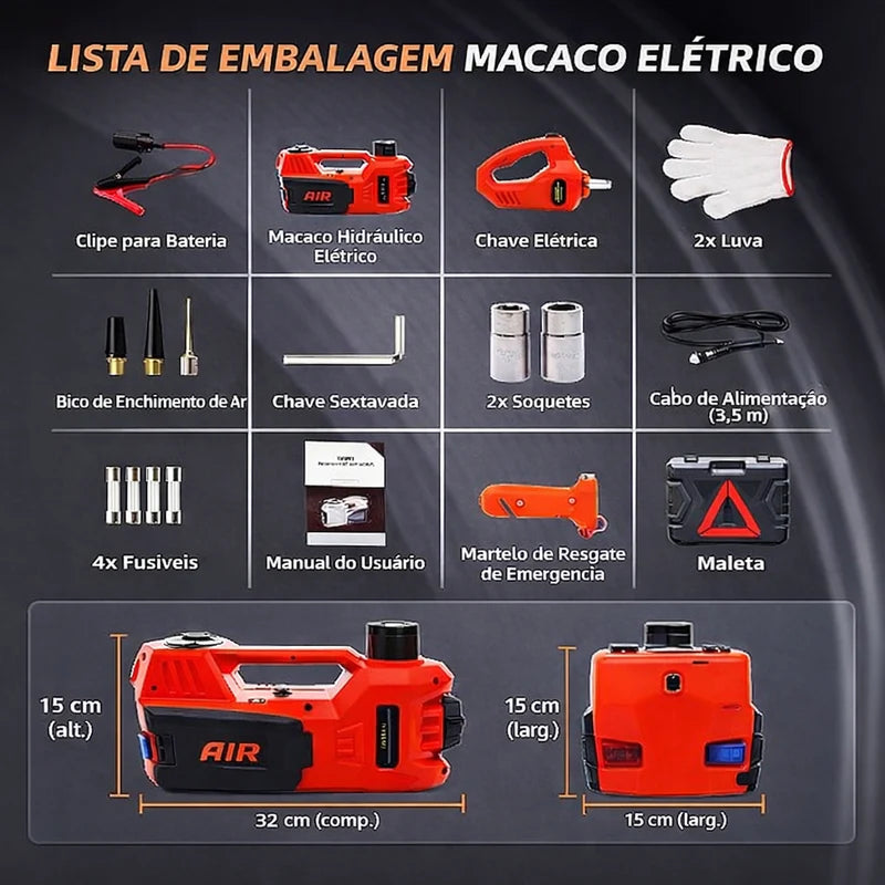 Macaco Hidráulico Elétrico 3 em 1 5Ton 12V com Inflador de Pneus, Lanterna LED e Martelo de Segurança 🚗⚡