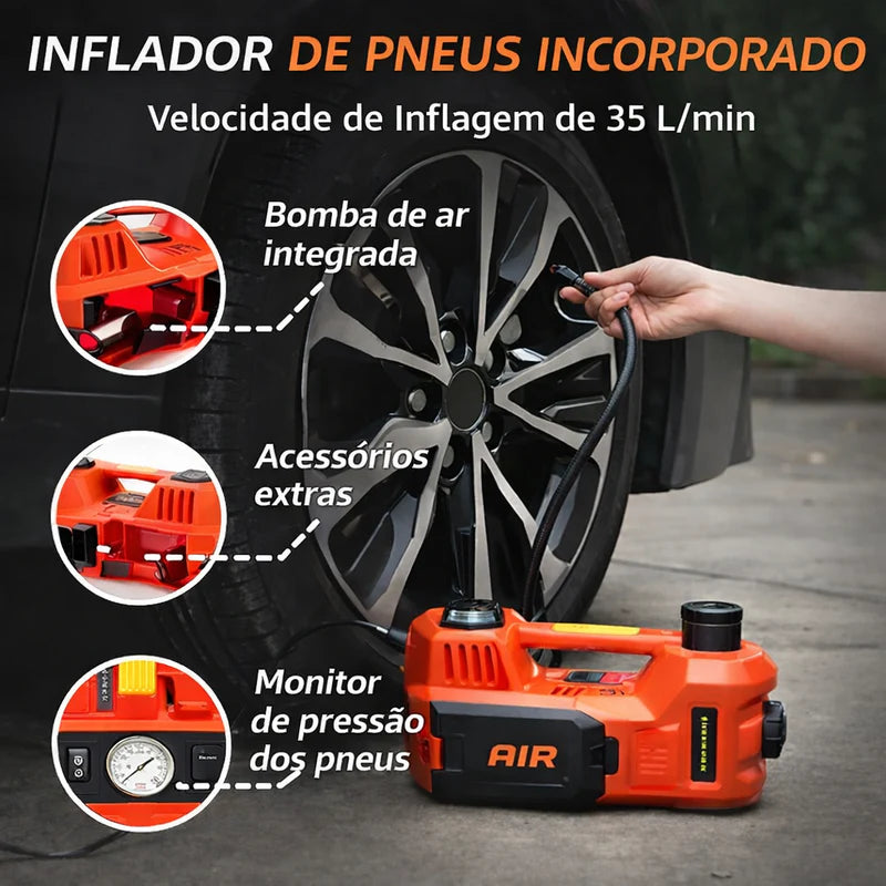 Macaco Hidráulico Elétrico 3 em 1 5Ton 12V com Inflador de Pneus, Lanterna LED e Martelo de Segurança 🚗⚡