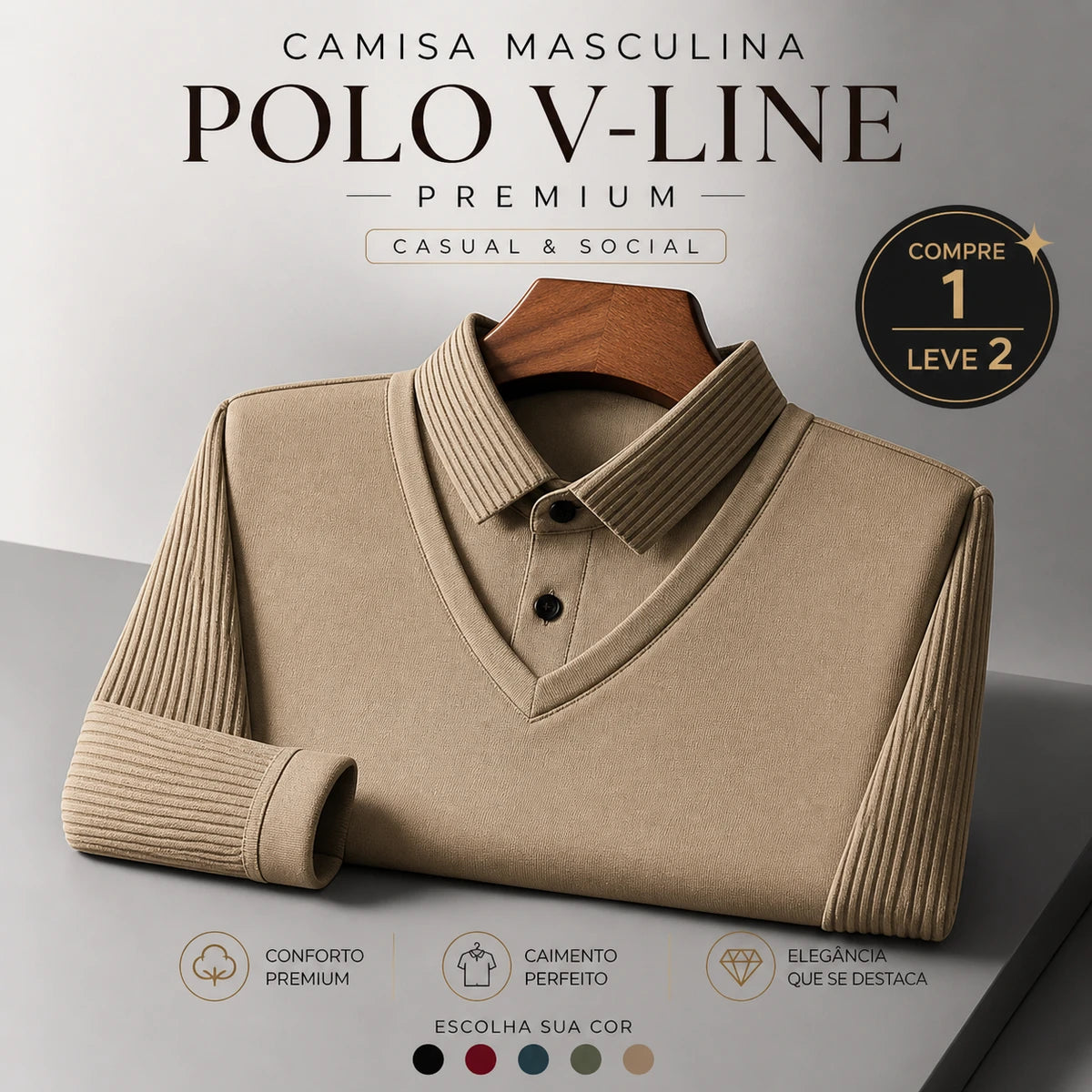 Camisa Masculina Polo V-Line Premium Casual e Social (COMPRE 1 LEVE 2)