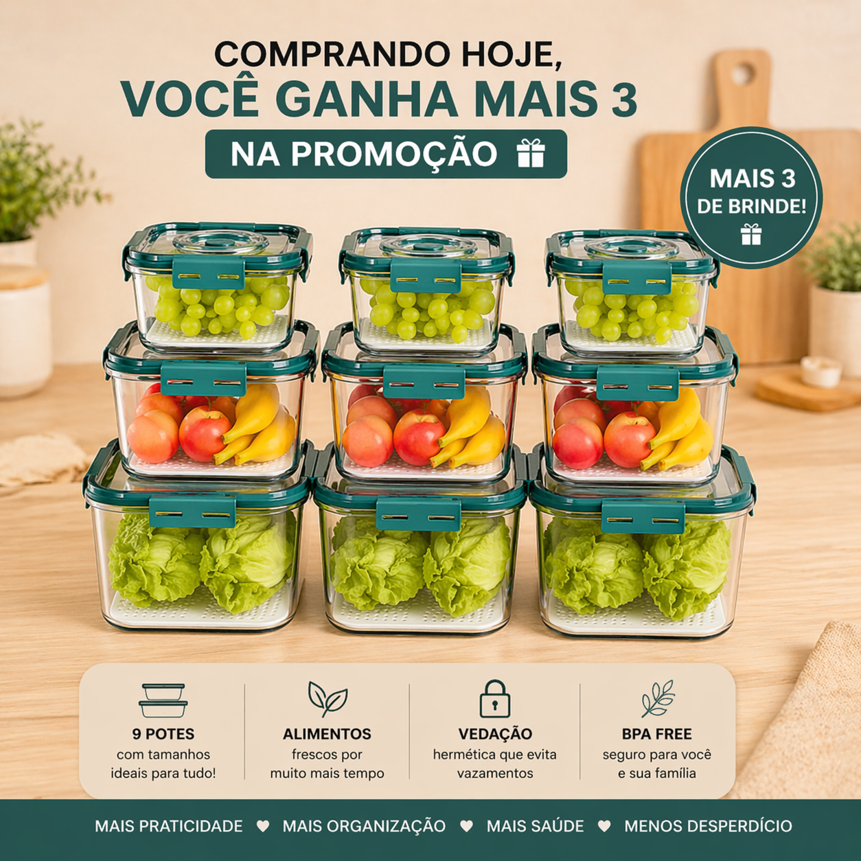 Kit Pote Hermético Vidro - Promoção Compre 6 Leve 9 Somente Hoje!