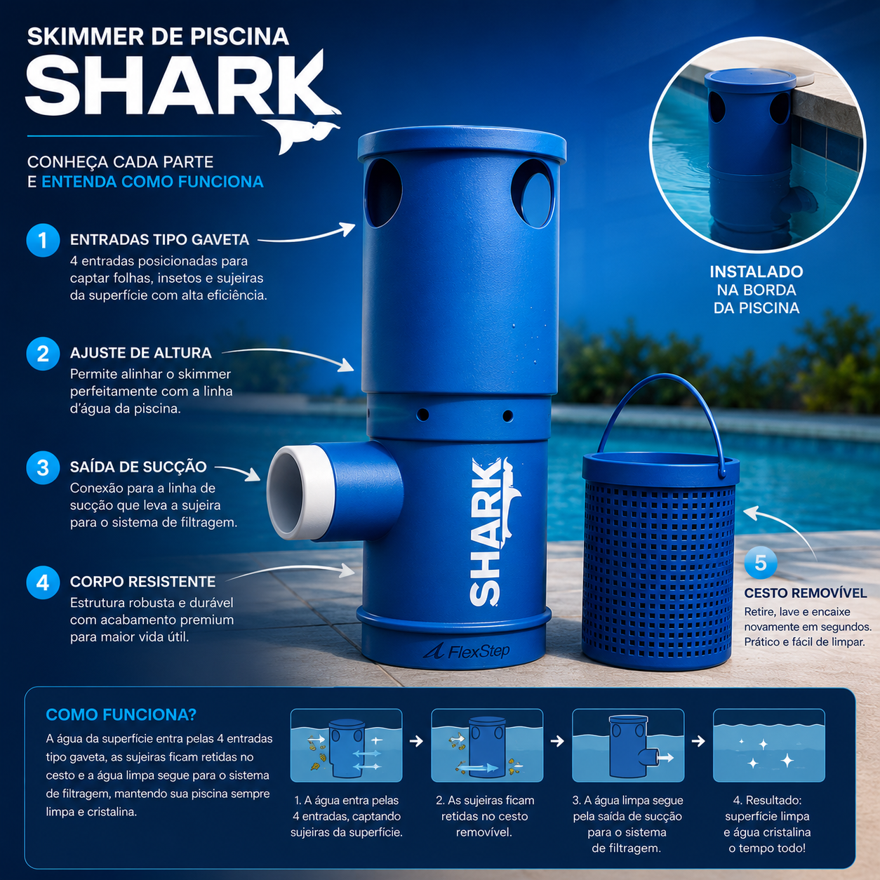 Skimmer de Piscina SHARK – água limpa, ajuste perfeito