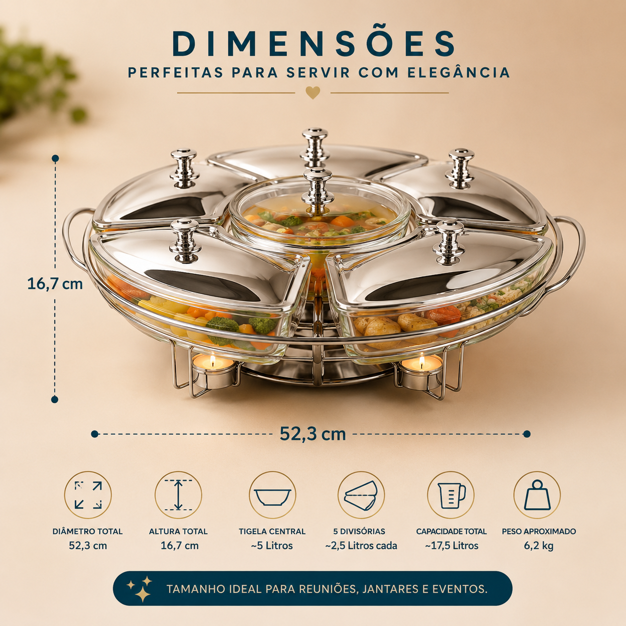 Rechaud Giratório 6 Compartimentos Inox e Vidro 52cm