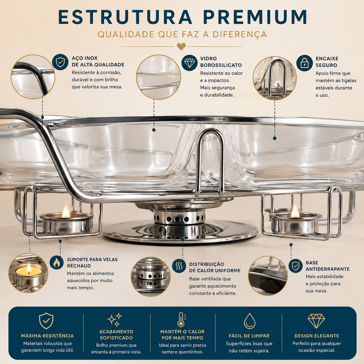 Rechaud Giratório 6 Compartimentos Inox e Vidro 52cm