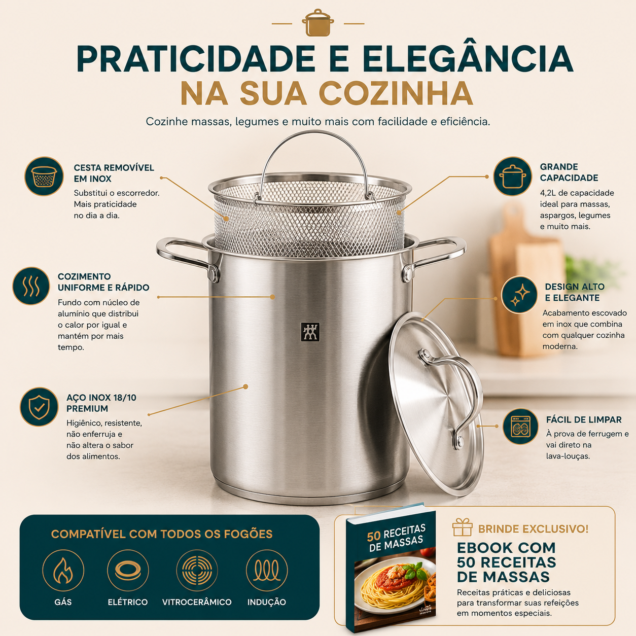 Panela Alta Inox com Cesta 4,5L — Cozinhe e Escorra com Mais Praticidade