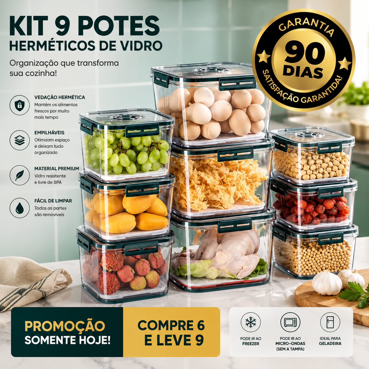 Kit 9 Potes Herméticos de Vidro — Geladeira Organizada e Alimentos Frescos por Mais Tempo
