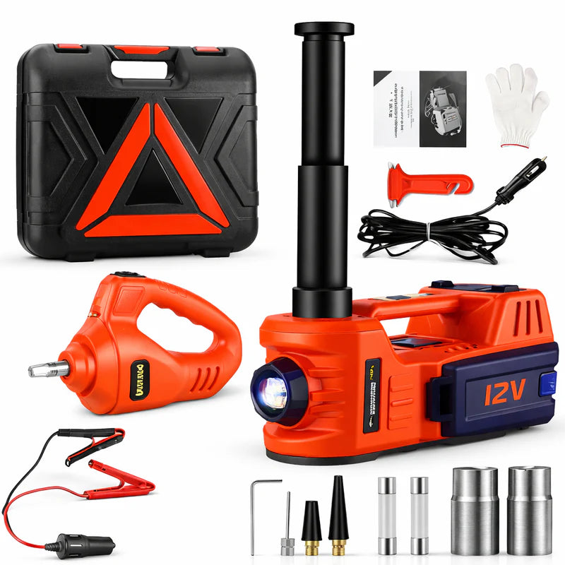 Macaco Hidráulico Elétrico 3 em 1 5Ton 12V com Inflador de Pneus, Lanterna LED e Martelo de Segurança 🚗⚡