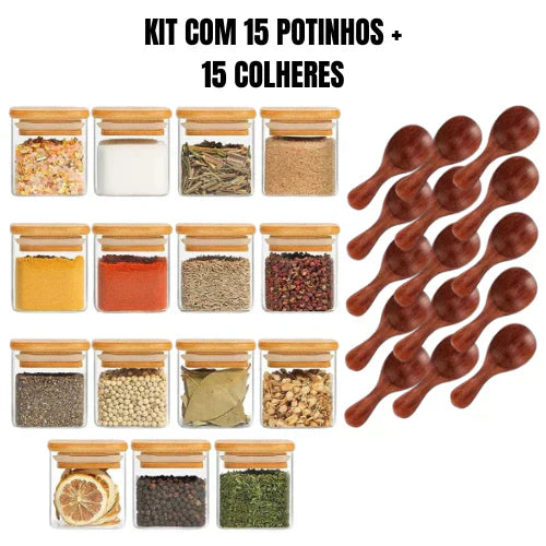 OrganizaGourmet™: Kit 15 Potes de Vidro de 200ml para Temperos (Bandeja Organizadora) (15 Colheres) | FRETE GRÁTIS HOJE!